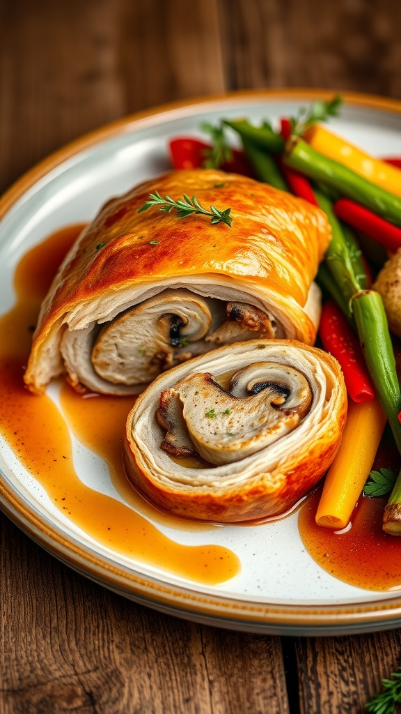Pork Wellington sliced to show the pork and mushroom filling, garnished with herbs on a wooden table.